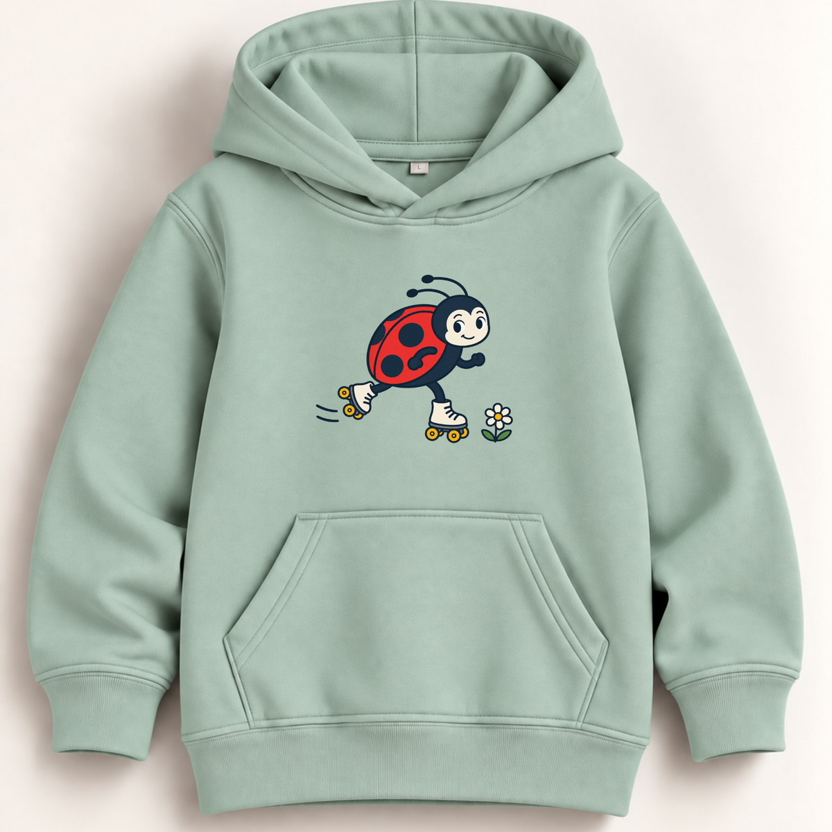 A light sage green kids' pullover hoodie featuring a cartoon ladybug roller skate graphic on the chest, displayed against a clean off-white background.