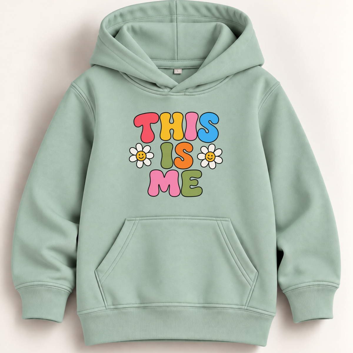 A sage green pullover hoodie with a colorful retro-style graphic that reads 'THIS IS ME' in multicolored letters, accented by two small white daisy flowers. The hoodie is displayed flat against a light beige background.