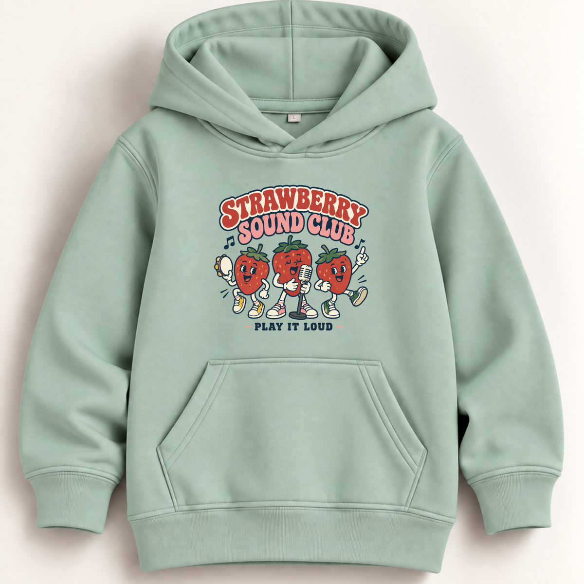 A mint green pullover hoodie with a colorful graphic on the chest reading 'Strawberries Sound Club' and 'Play It Loud,' featuring cartoon strawberries and a microphone. The hoodie is shown flat against a light beige background.