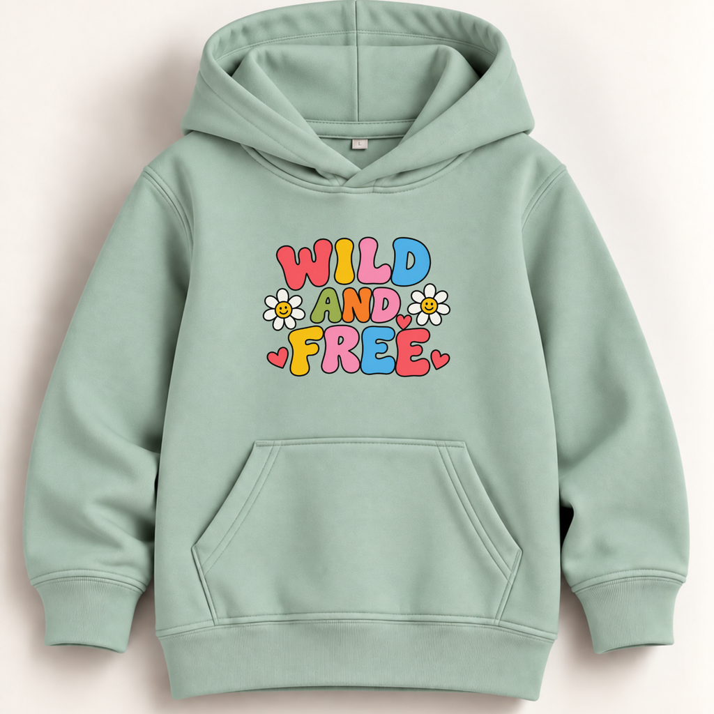 A sage green pullover hoodie with a colorful retro graphic on the chest that reads 'WILD AND FREE' in bubble letters with daisy flowers, shown against a light beige background.