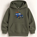 An olive green kids' pullover hoodie with a front kangaroo pocket and a colorful cartoon jeep graphic on the chest, displayed against a light off-white background.