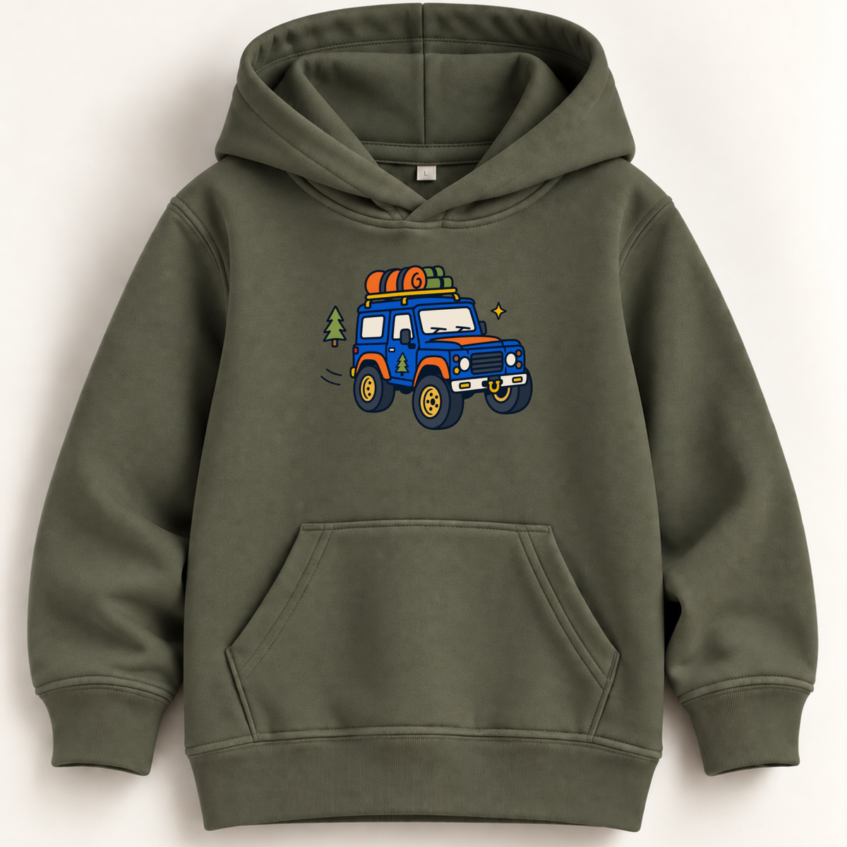 An olive green kids' pullover hoodie with a front kangaroo pocket and a colorful cartoon jeep graphic on the chest, displayed against a light off-white background.