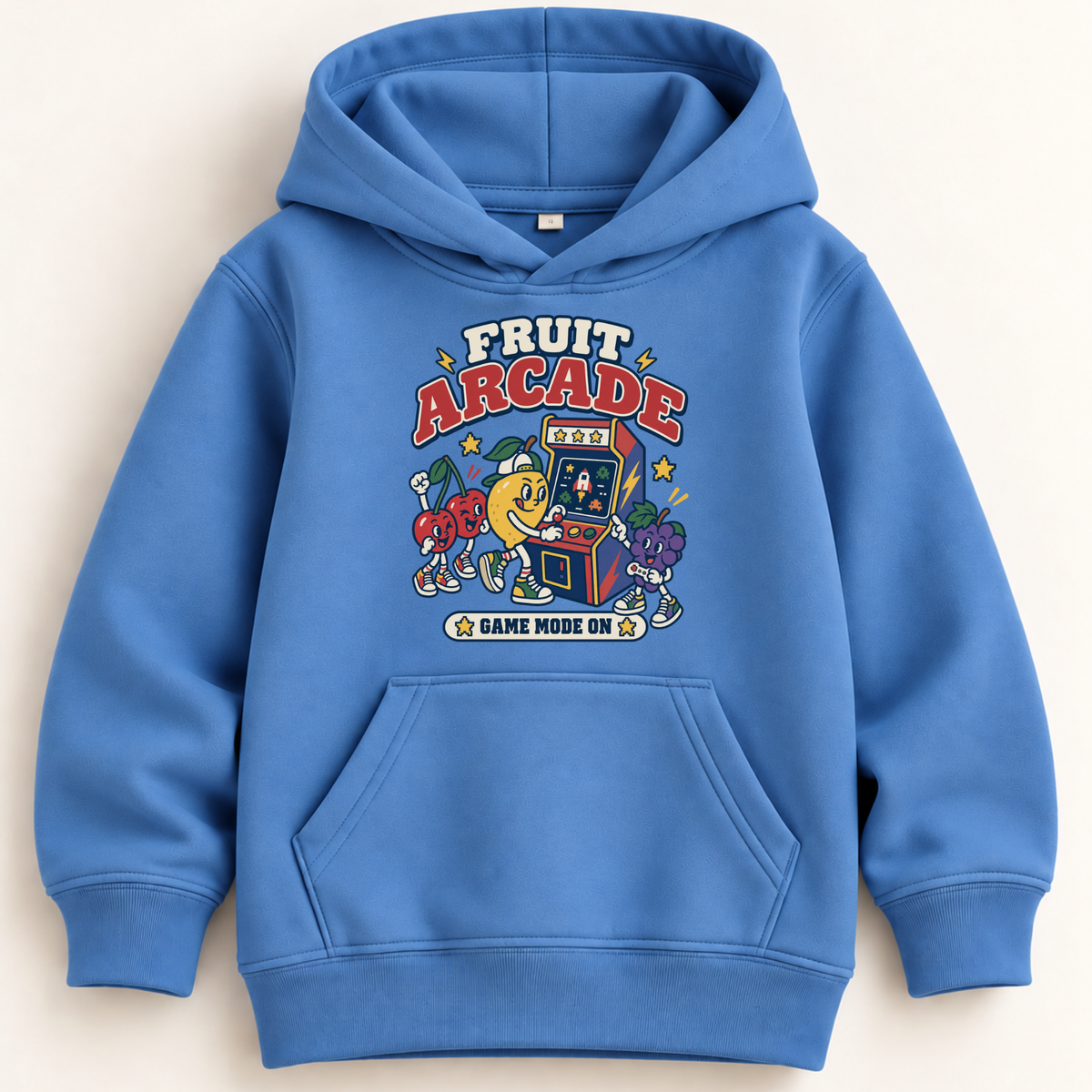 A blue pullover hoodie with a colorful retro 'Fruit Arcade' graphic on the chest, displayed flat against a light beige background.
