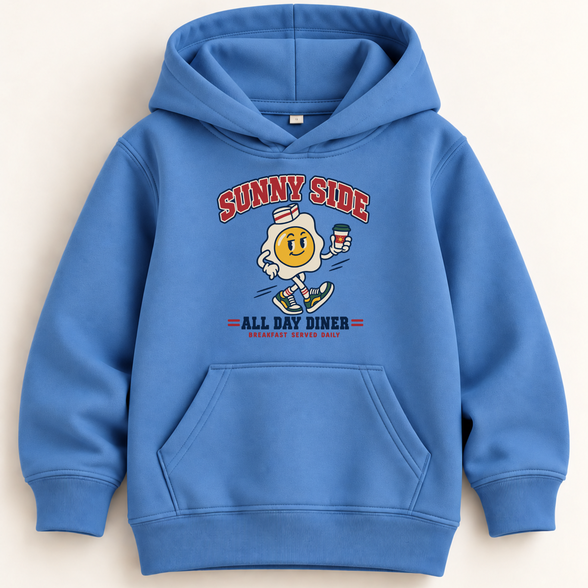 A blue pullover hoodie with a colorful retro 'Fruit Arcade' graphic on the chest, displayed flat against a light beige background.