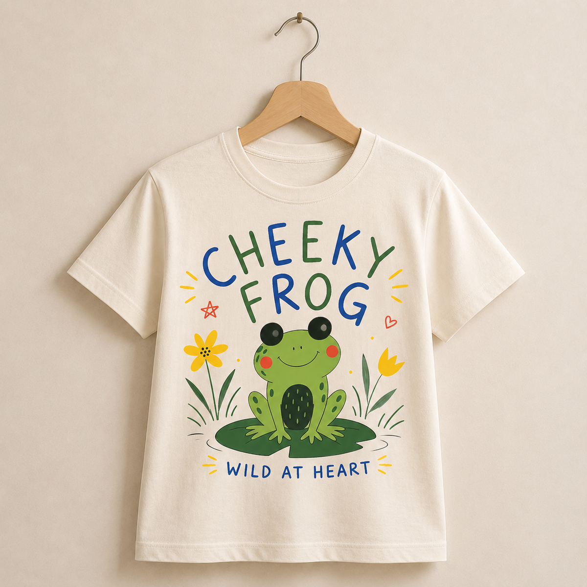 Children's t-shirt with a frog graphic and text on a beige background