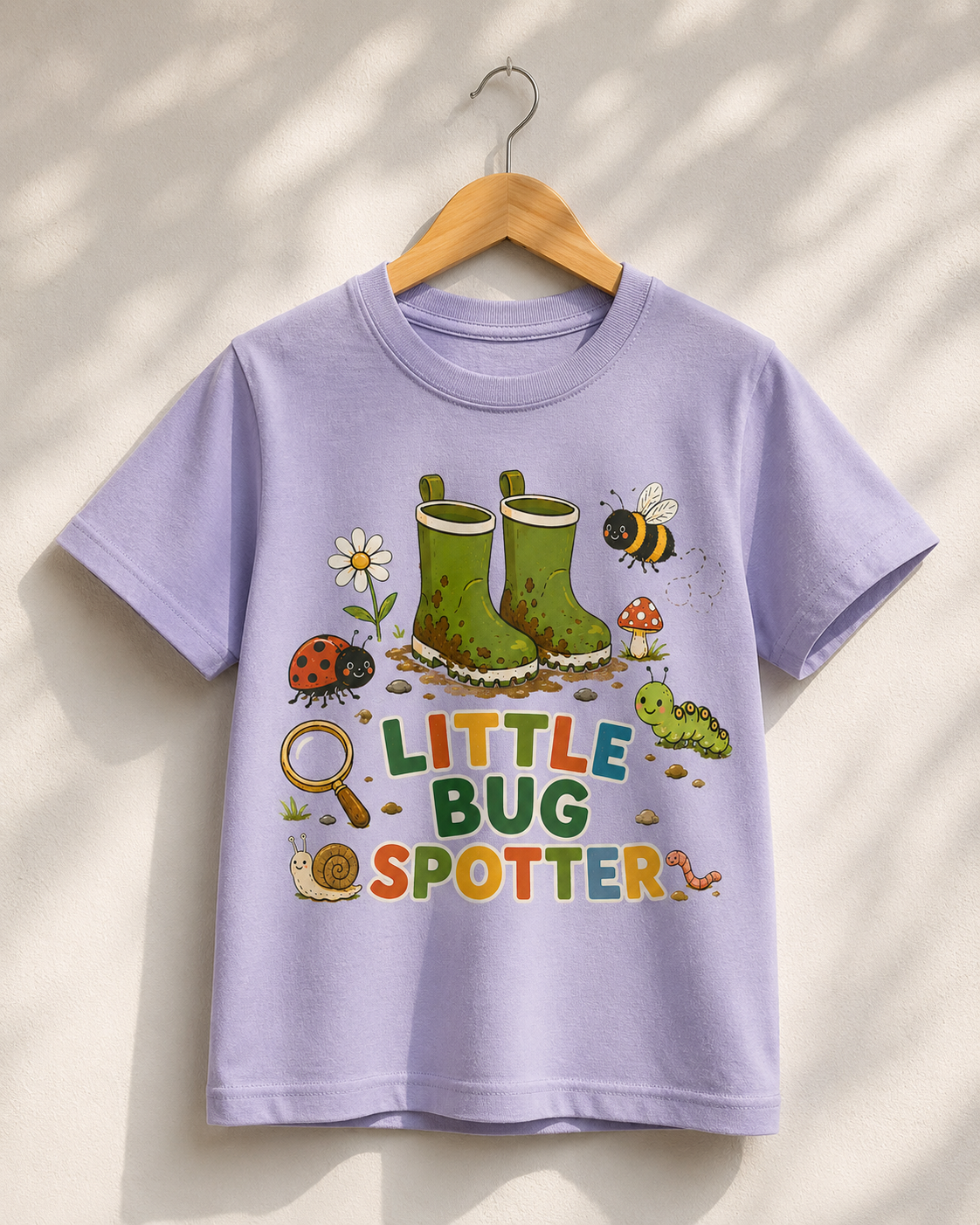 Children's t-shirt with 'Little Bug Spotter' design on a hanger against a light background