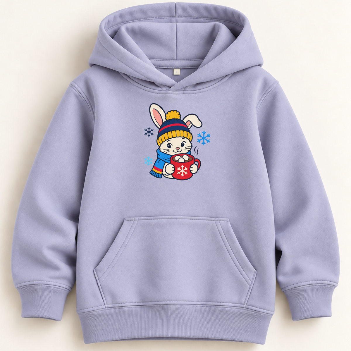 A light periwinkle purple hoodie with a cute cartoon Easter bunny graphic on the chest, displayed against a warm off-white background.