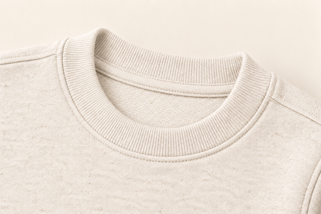 Close-up of a crewneck sweatshirt in a light oatmeal beige color, showing the ribbed collar and fine knit texture against a matching light background.