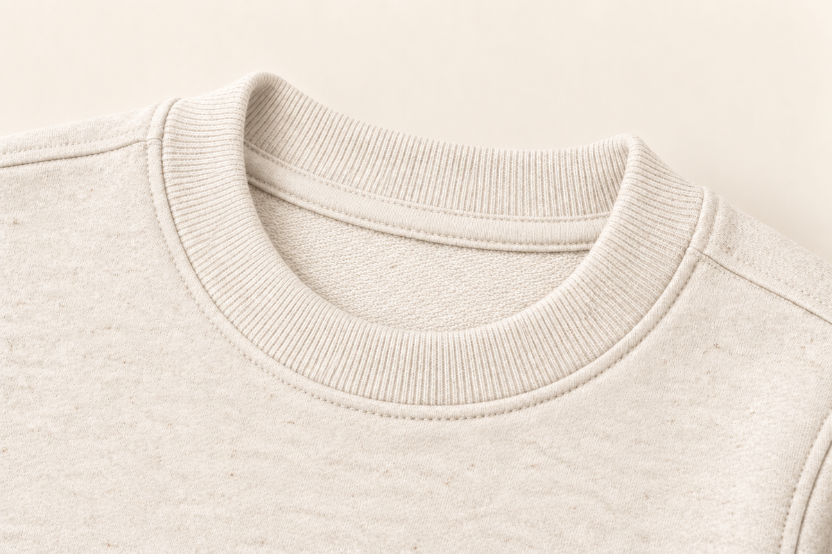 Close-up of a crewneck sweatshirt in a light oatmeal beige color, showing the ribbed collar and fine knit texture against a matching light background.