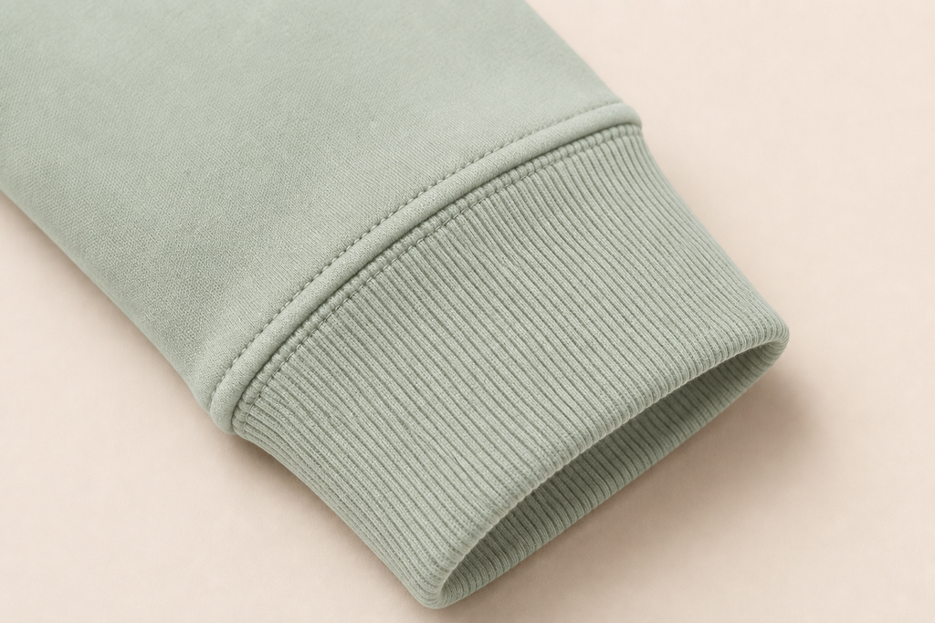 Close-up of a ribbed knit cuff in a pale sage green color, showing the texture and stitching detail against a solid light beige background.