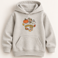 A light heather gray pullover hoodie with a front kangaroo pocket and a colorful autumn-themed graphic on the chest. The graphic features a pumpkin, striped socks, a coffee mug, a pie slice, and the words 'AUTUMN FAVOURITES'.
