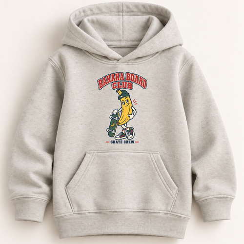 A light heather gray pullover hoodie with a front kangaroo pocket and a graphic print on the chest. The graphic features a cartoon banana character holding a skateboard, with the text 'BANANA BOARD CLUB' above and 'SKATE CREW' below.