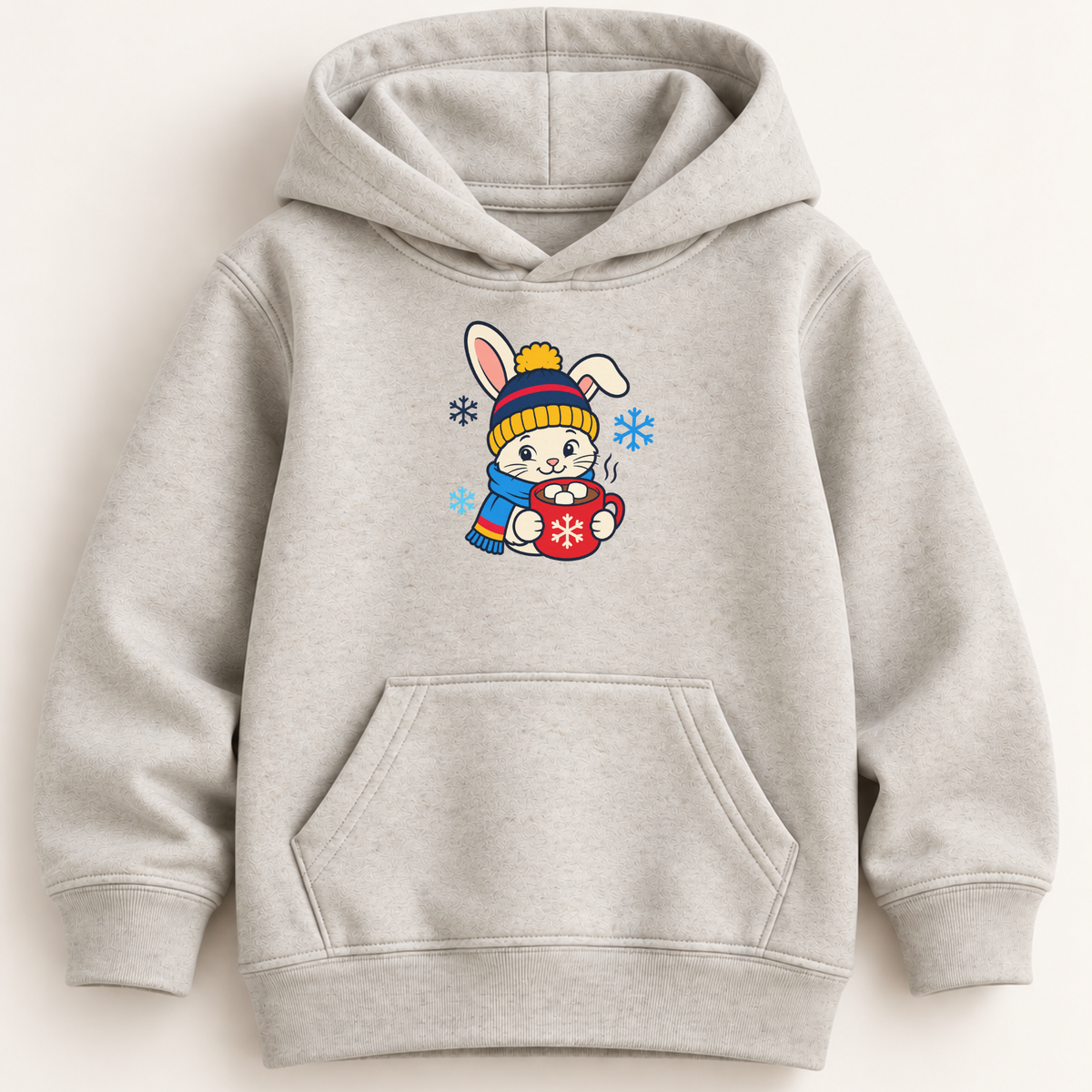 A light heather gray pullover hoodie with a cute cartoon Easter bunny graphic on the chest. The bunny is wearing a yellow and blue striped beanie and a blue scarf while holding a red snow globe.