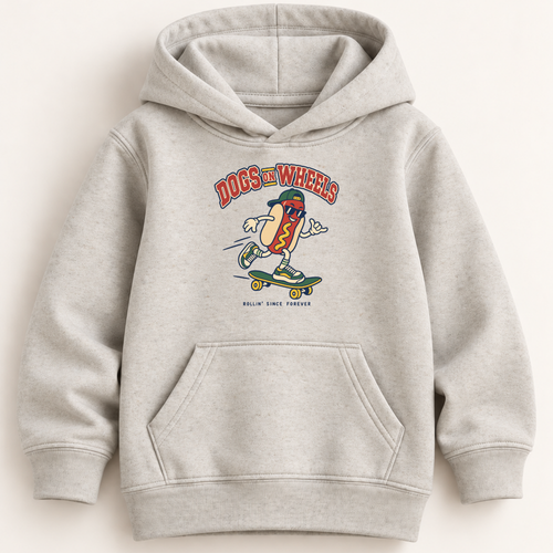 A light heather gray pullover hoodie with a front kangaroo pocket and a colorful graphic on the chest showing a hot dog character riding a skateboard under the words 'DOGS ON WHEELS'.