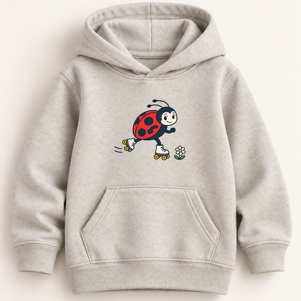 A light heather gray hooded sweatshirt with a cartoon ladybug roller skate graphic on the chest, displayed against a solid off-white background.