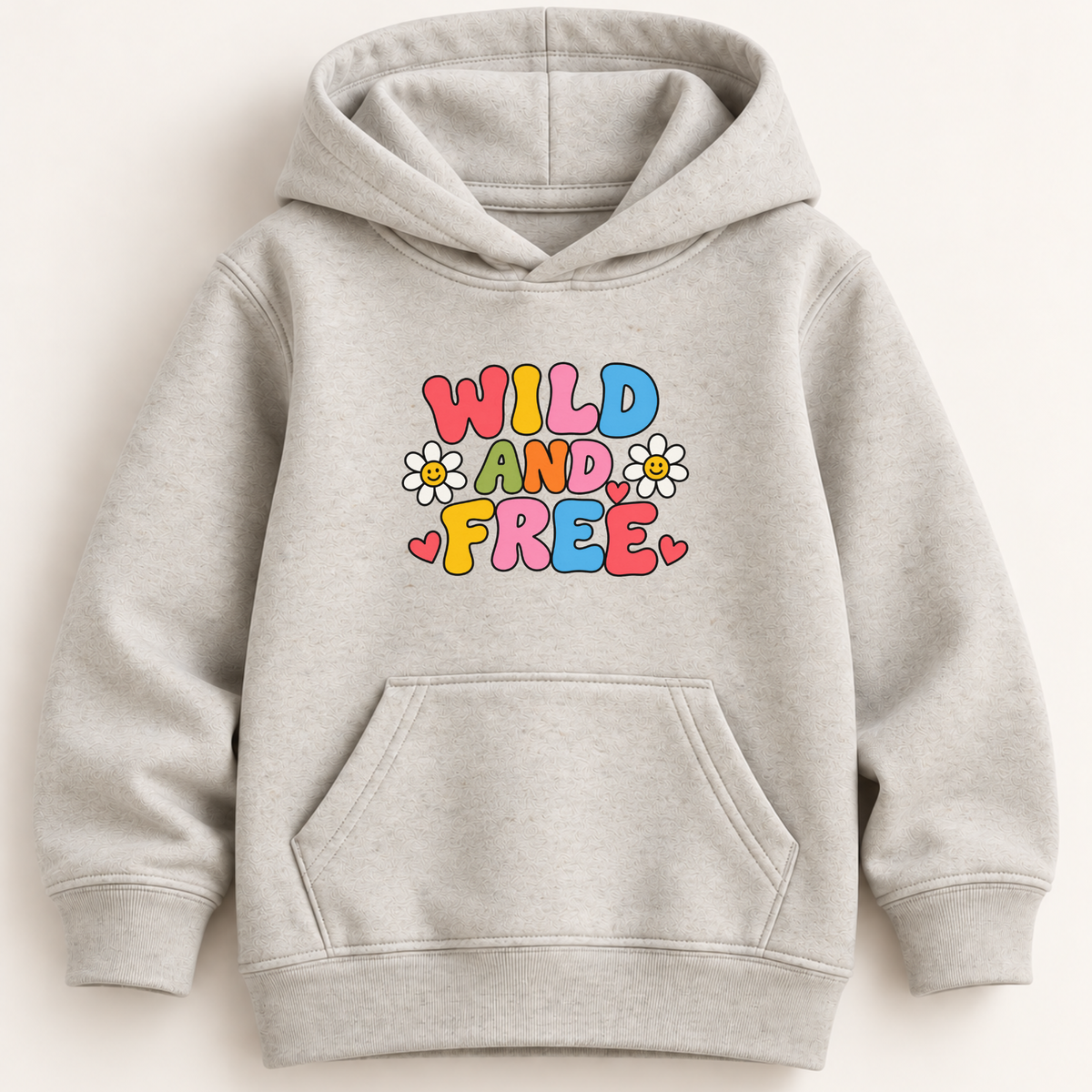 A light heather gray pullover hoodie with a colorful retro graphic on the chest that reads 'WILD AND FREE' in bubble letters with small daisy and heart accents, displayed on a clean off-white background.
