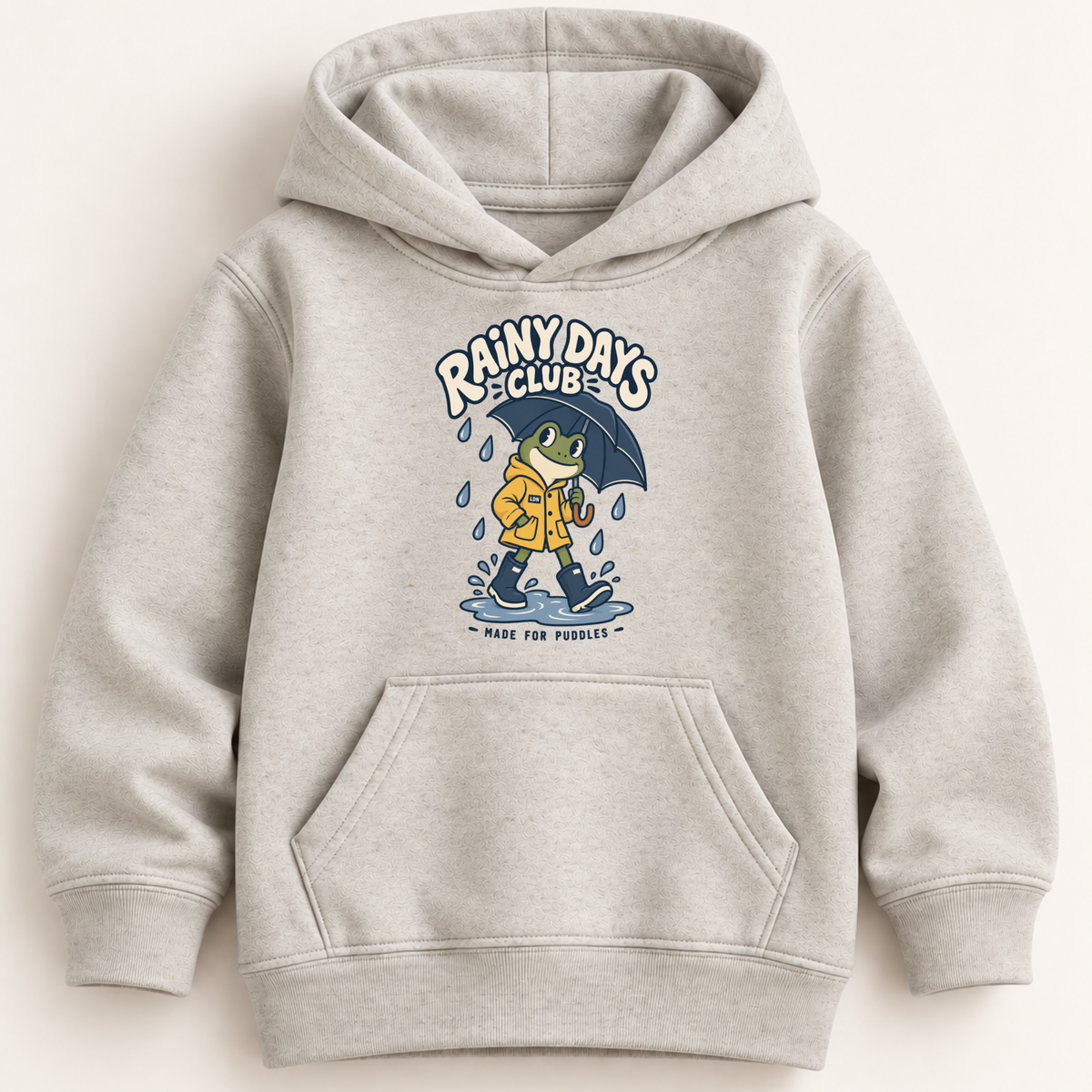 A light heather gray hooded sweatshirt with a front kangaroo pocket and a colorful graphic on the chest showing a cartoon character in a yellow raincoat holding an umbrella under the words 'Rainy Days Club' 
