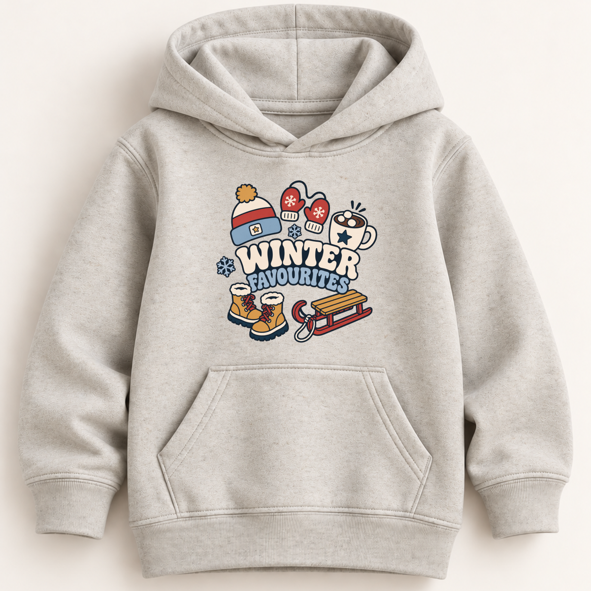 A light heather gray hooded sweatshirt with a colorful 'Winter Favourites' graphic on the chest, displayed against a clean off-white background.