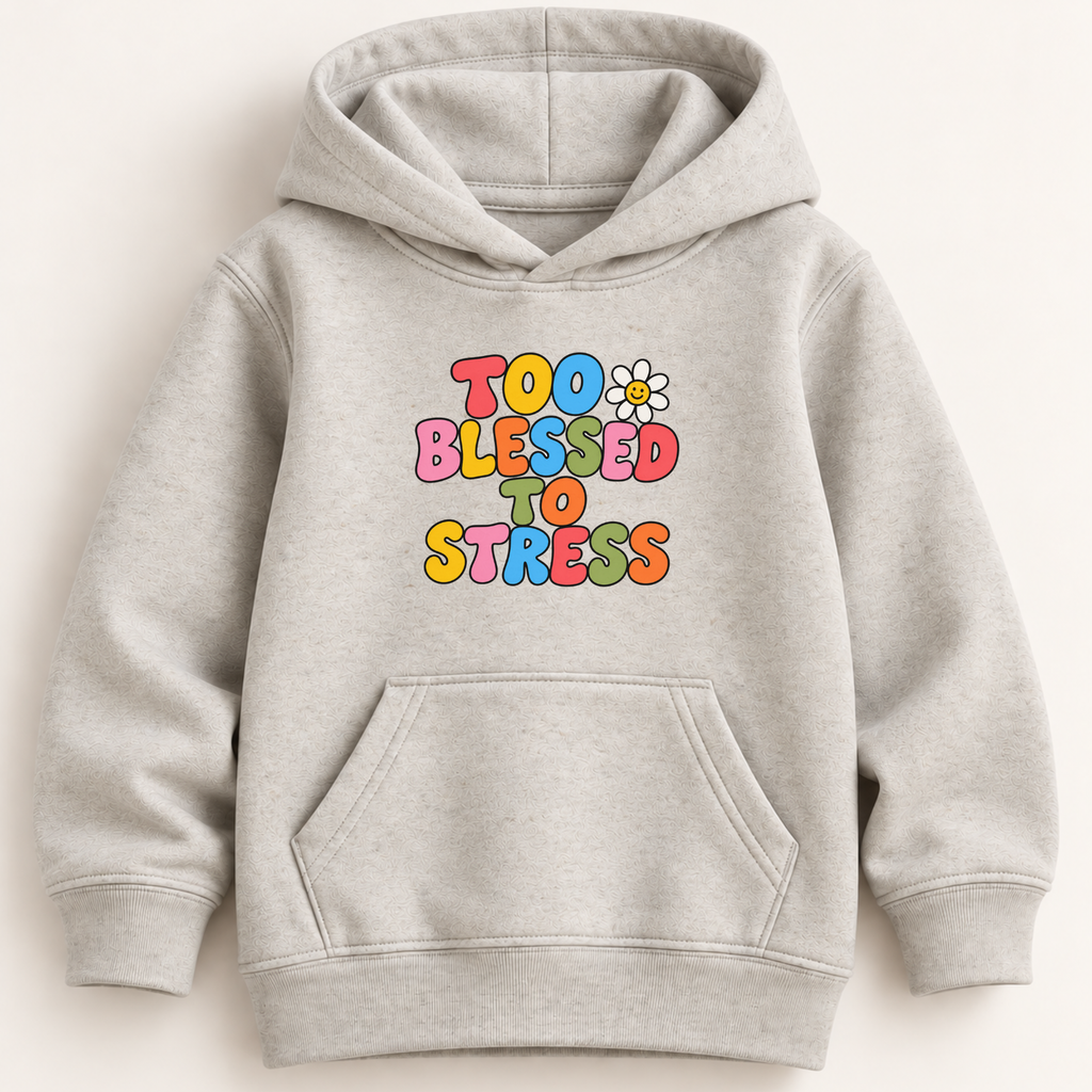 A light heather gray pullover hoodie with a colorful retro-style graphic on the chest reading 'TOO BLESSED TO STRESS' in multicolored bubble letters, with a small daisy flower above the text. The hoodie has a front kangaroo pocket and ribbed cuffs and hem, shown against a plain light beige background.