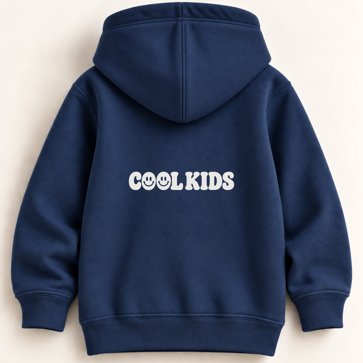 A navy blue hooded sweatshirt shown from the back, featuring the words 'COOL KIDS' printed in white across the center. The text includes smiley faces inside the letters 'O'.