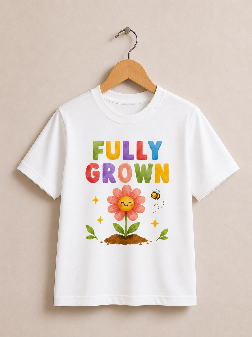 A white short-sleeve t-shirt hanging on a wooden hanger against a beige wall. The shirt features a colorful graphic print with the text 'FULLY GROWN' in rainbow letters, a pink flower with a smiling face, green leaves, yellow stars, and a small bee.