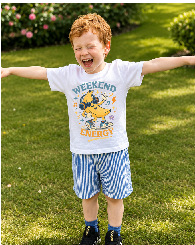 Child wearing a t-shirt with a banana character and 'Weekend Energy' text, standing on grass.