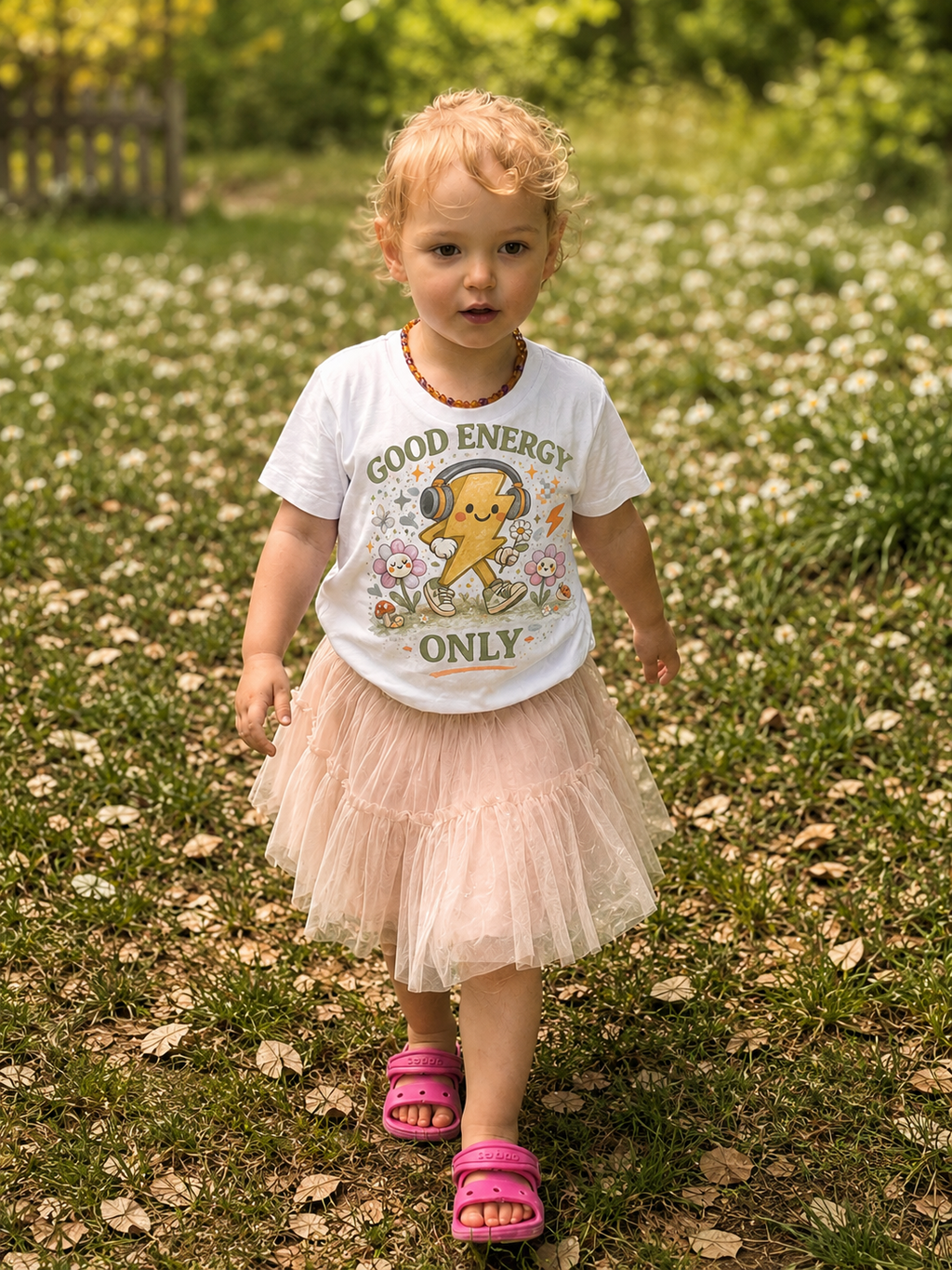 Child wearing a 'Good Energy Only' t-shirt and pink tutu in a grassy field.