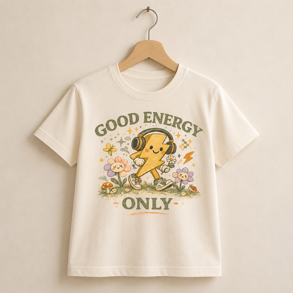 Beige t-shirt with a cartoon character wearing headphones and text 'Good Energy Only' on a beige background