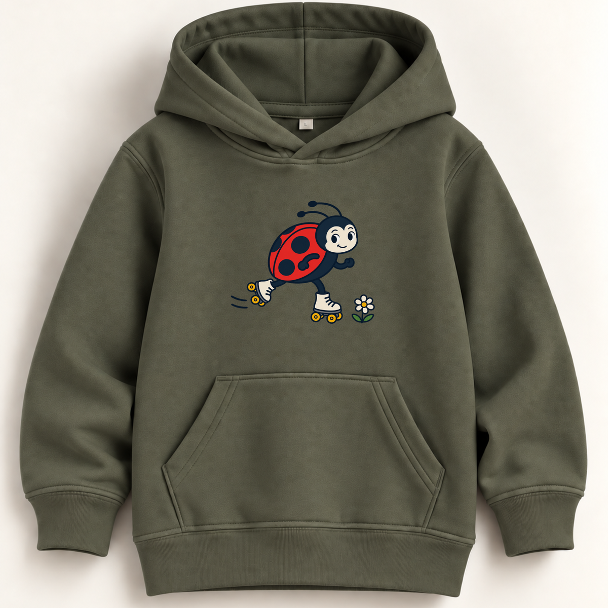 An olive green kids' pullover hoodie featuring a cartoon ladybug roller skate graphic on the chest, displayed against a clean off-white background.