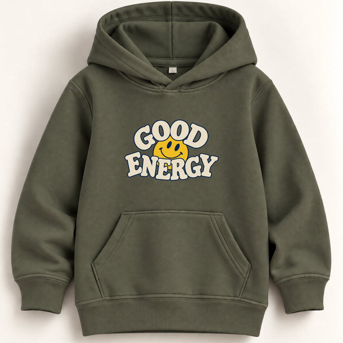 An olive green pullover hoodie with a front kangaroo pocket and a graphic on the chest that reads 'GOOD ENERGY' in white bubble letters around a yellow smiley face, shown against a plain off-white background.