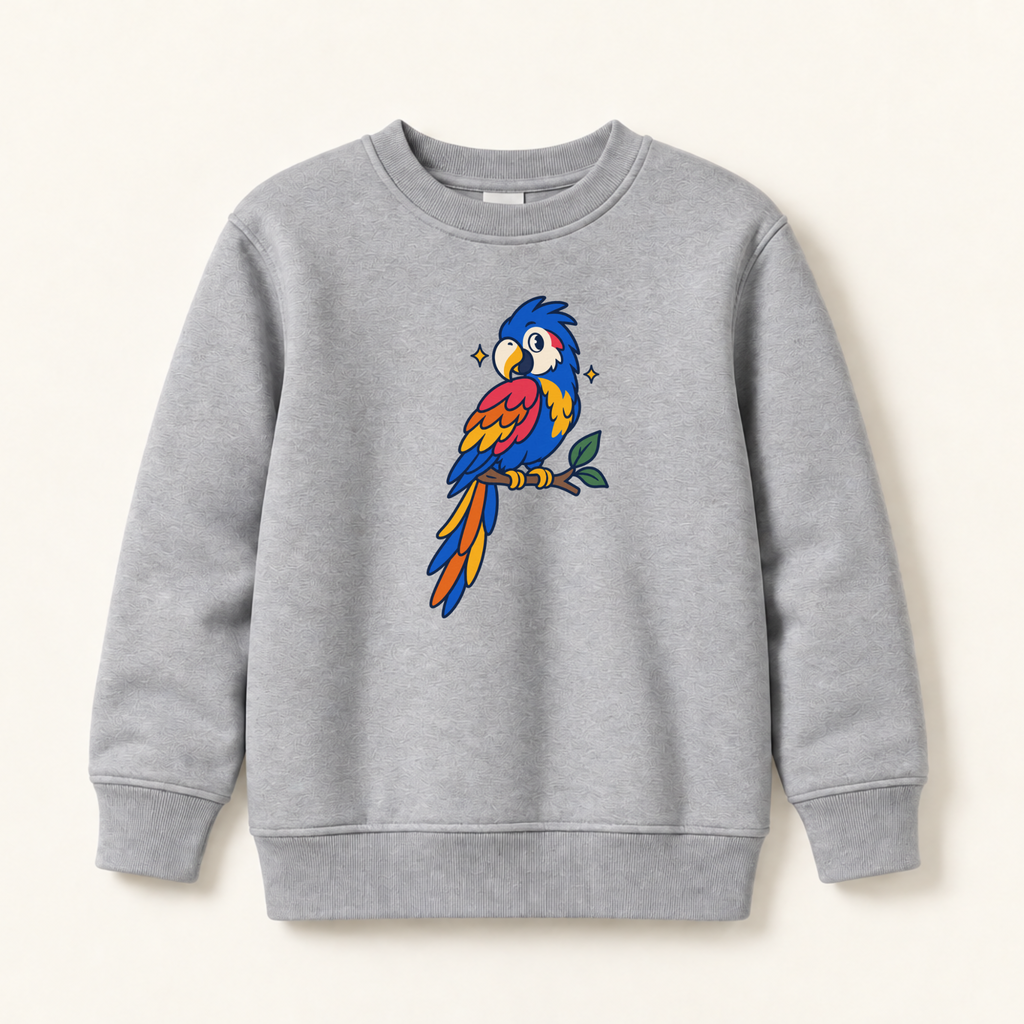 A light gray crewneck sweatshirt featuring a colorful cartoon parrot graphic on the chest, displayed against a solid off-white background.