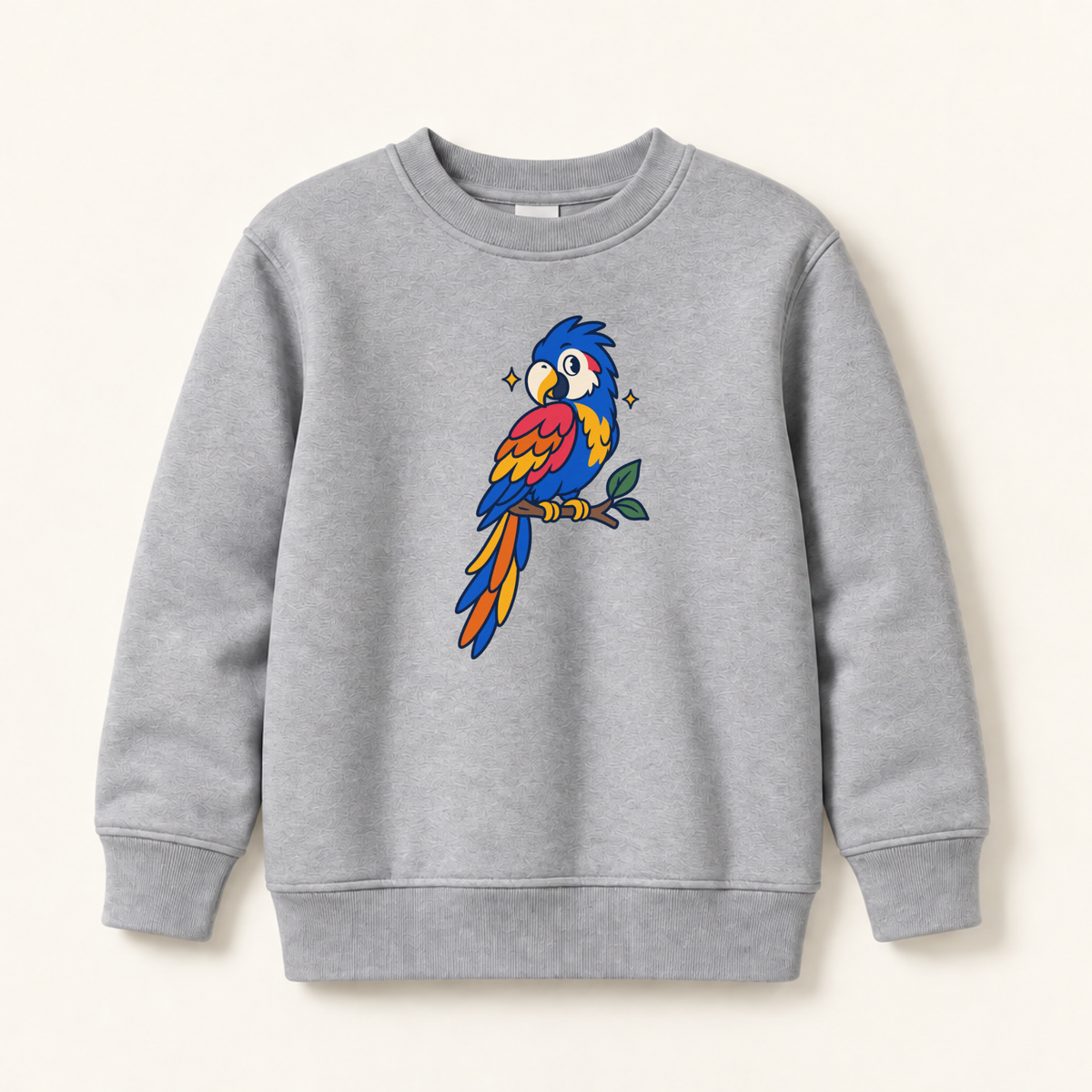 A light gray crewneck sweatshirt featuring a colorful cartoon parrot graphic on the chest, displayed against a solid off-white background.