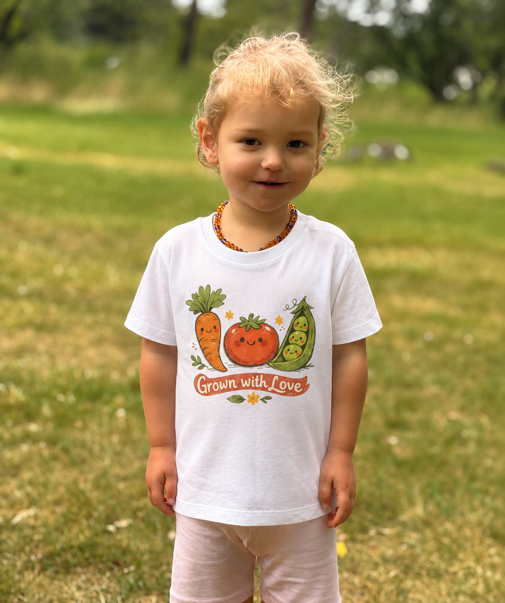 Child wearing a white t-shirt with vegetable graphics Grown with Love, standing in a grassy outdoor setting.