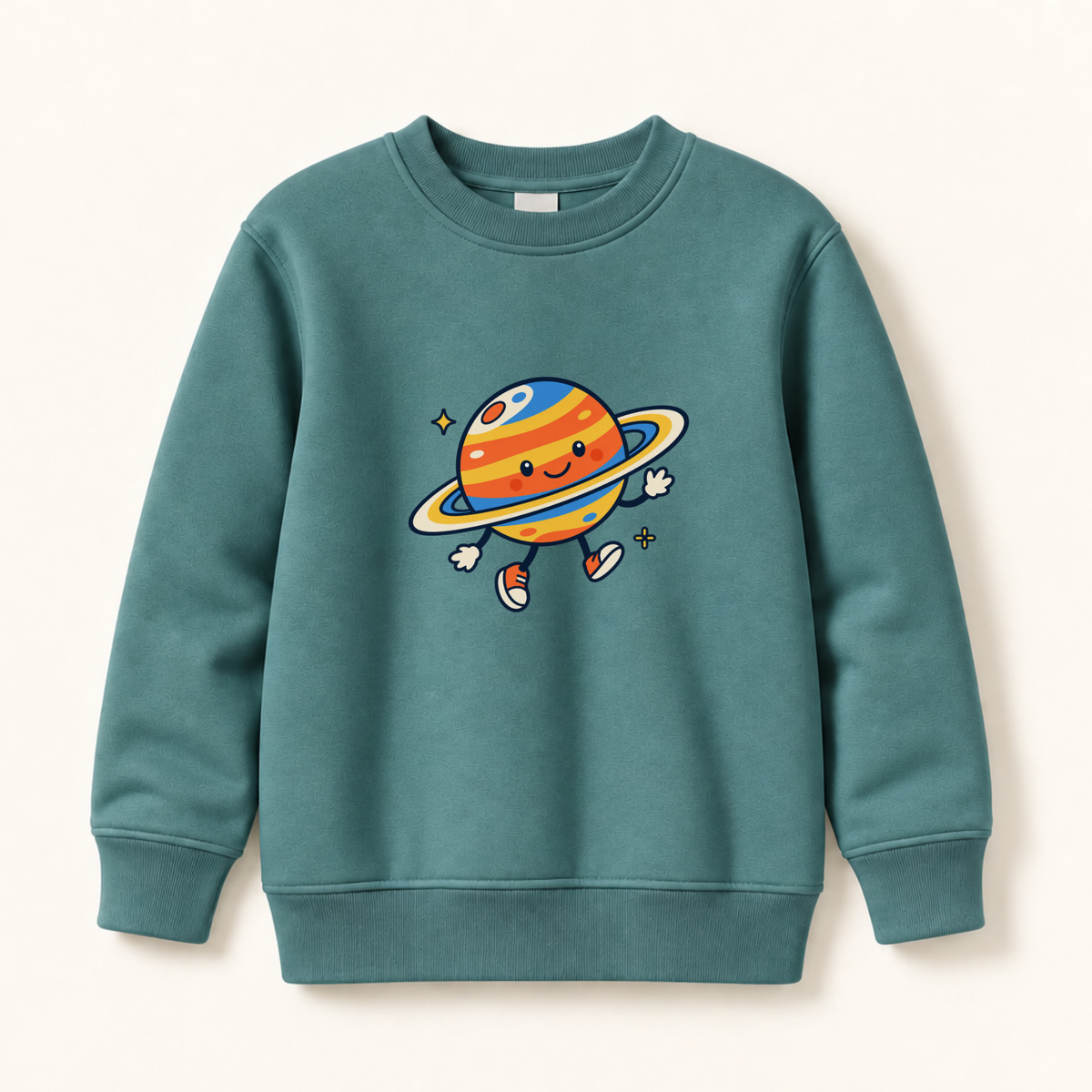 A teal crewneck sweatshirt featuring a cute cartoon graphic of a smiling planet with a ring on the front, displayed against a light cream background.