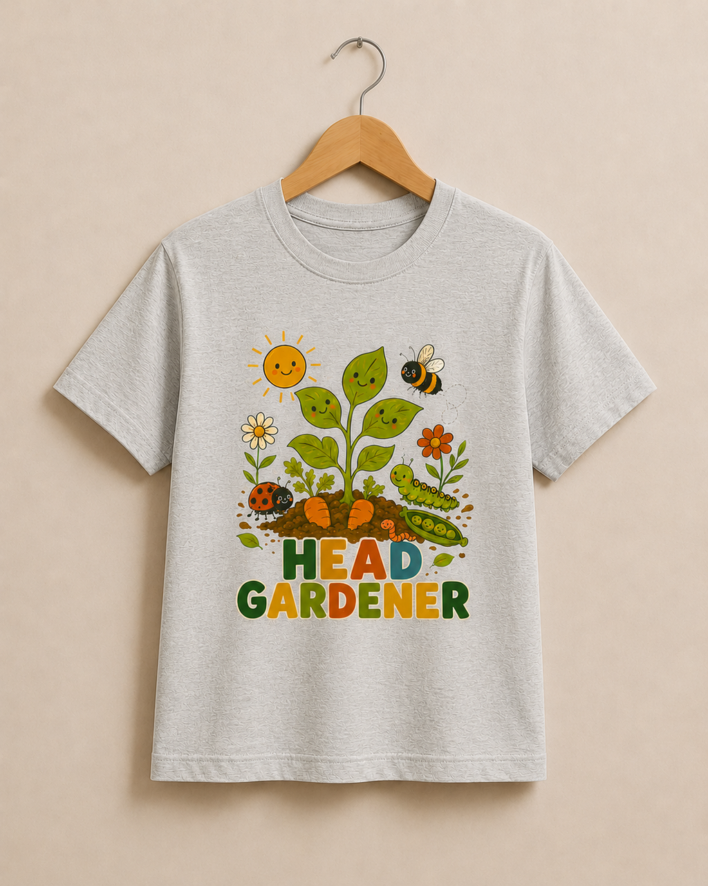 Gray t-shirt with a colorful garden-themed design on a beige background