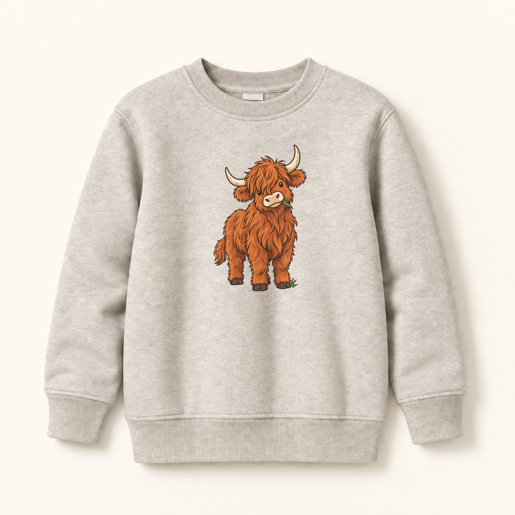 A light heather gray crewneck sweatshirt featuring a cartoon illustration of a fluffy brown Highland cow on the front, displayed against a solid off-white background.