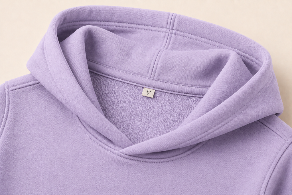 Close-up of a lavender purple hooded sweatshirt showing the inner neck and hood lining with a small white brand tag.