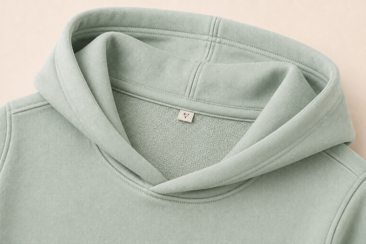 Close-up of a sage green hooded sweatshirt showing the inner hood lining and a small white brand tag with a stylized 'Y' logo, set against a solid pale pink background.