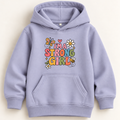 A light lavender-purple kids' pullover hoodie with a colorful graphic on the chest that reads 'I'M A STRONG GIRL' surrounded by cartoon butterflies, bees, and daisies, displayed against a warm off-white background.