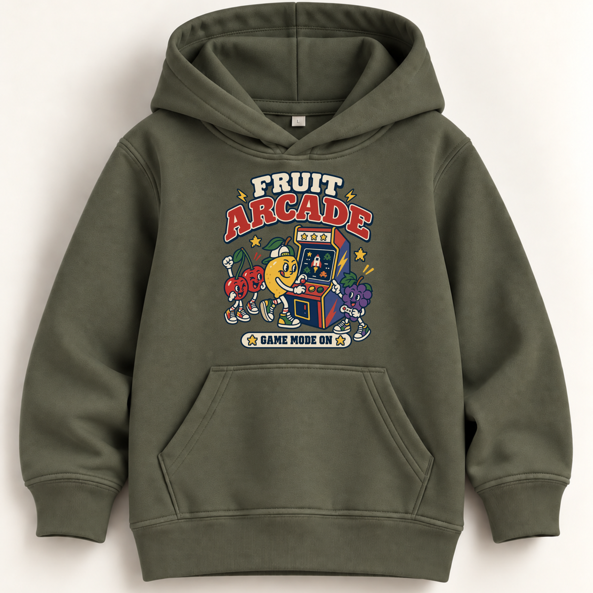 An olive green pullover hoodie with a colorful retro 'Fruit Arcade' graphic on the chest, displayed against a clean off-white background.