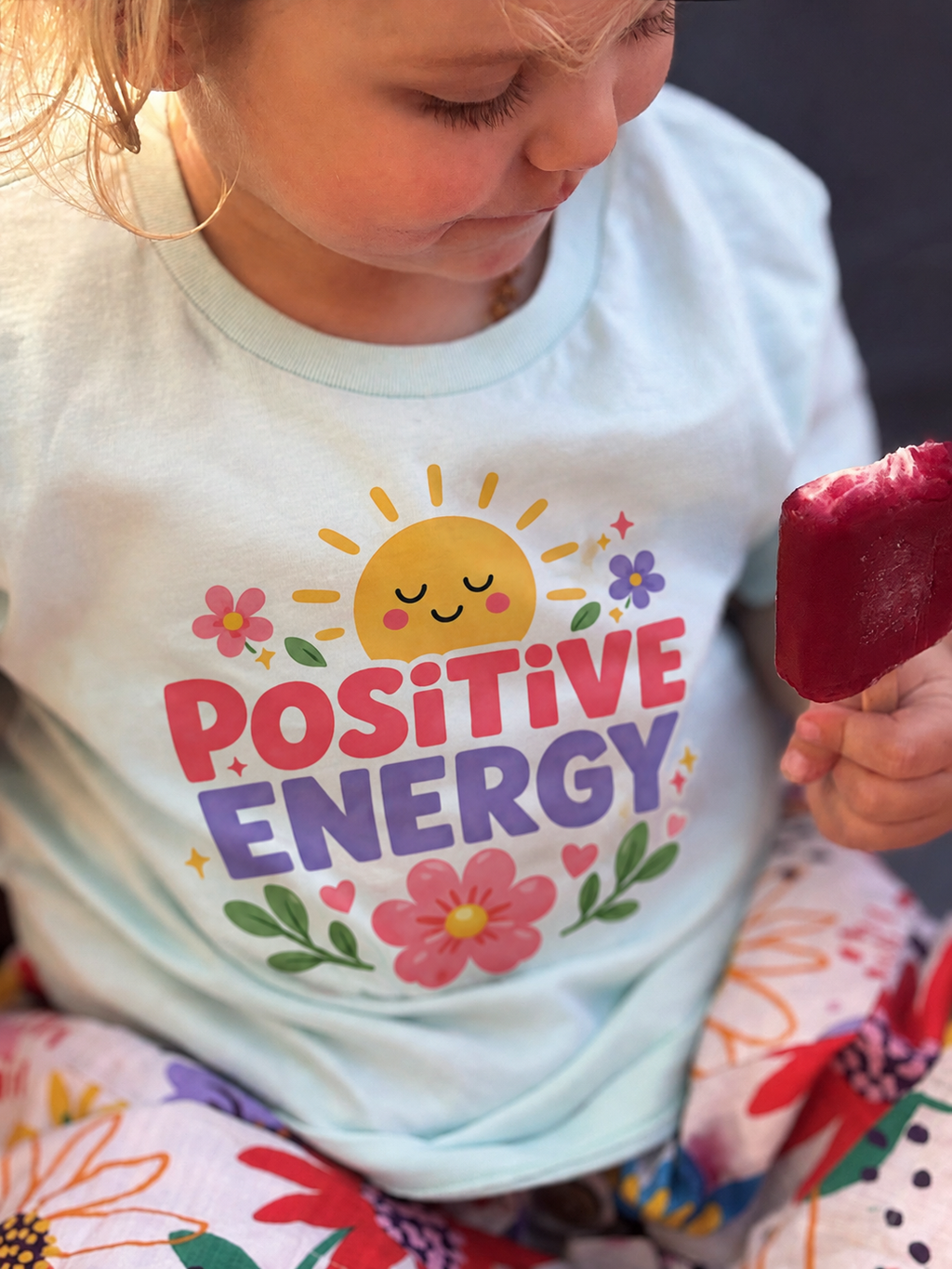 Kid eating an ice cream in a cute positive energy tee