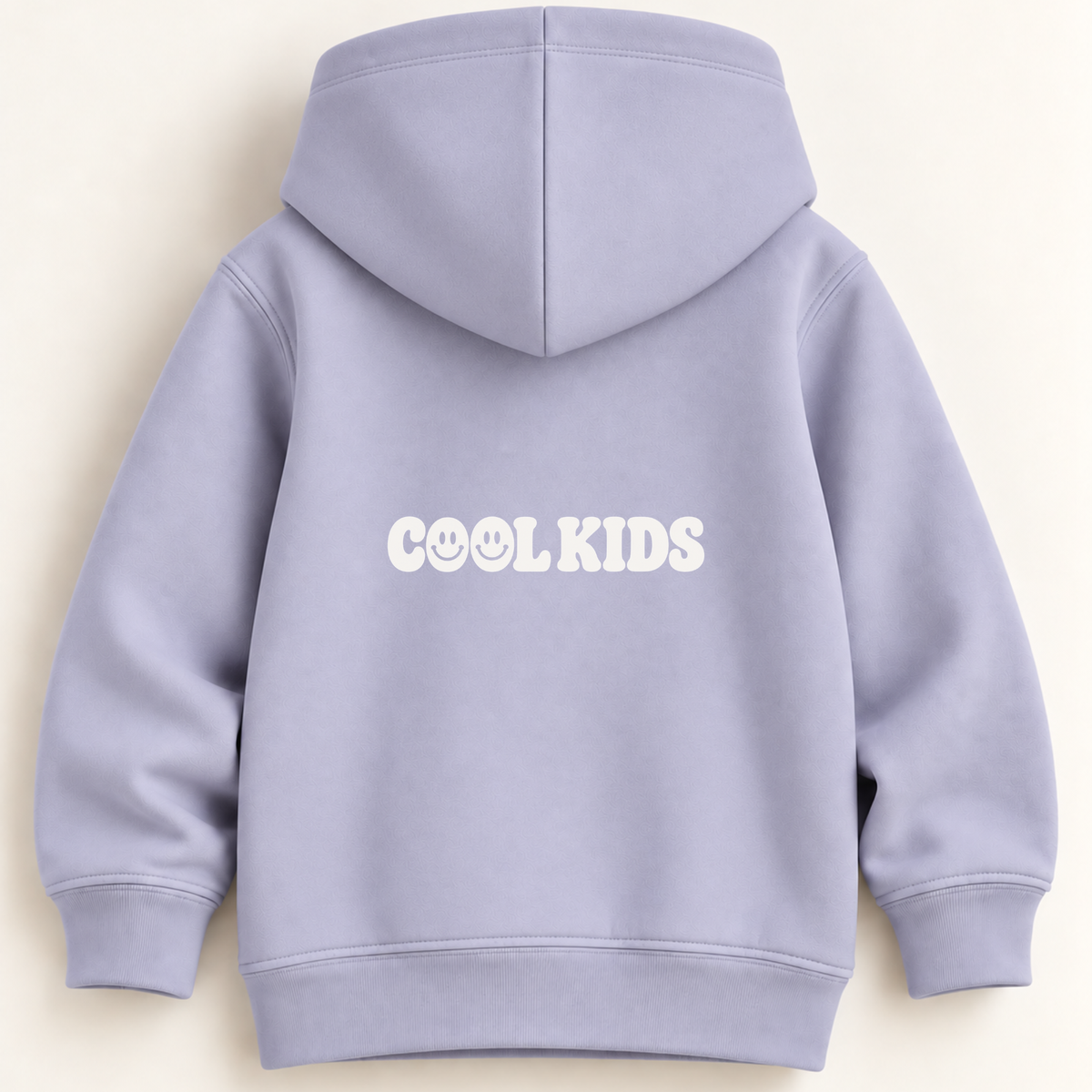A light lavender hoodie shown from the back, featuring the text 'COOL KIDS' printed in white across the center. The hoodie has a classic pullover design with a hood, long sleeves, and ribbed cuffs and hem, set against a plain off-white background.
