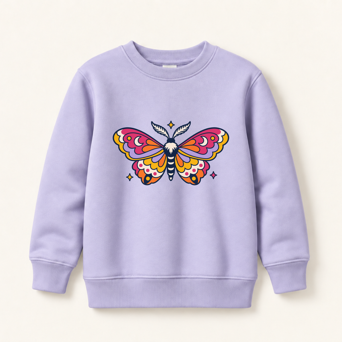 A light lavender crewneck sweatshirt featuring a colorful graphic of a moth with pink, orange, yellow, and white patterned wings, displayed on a light beige background.
