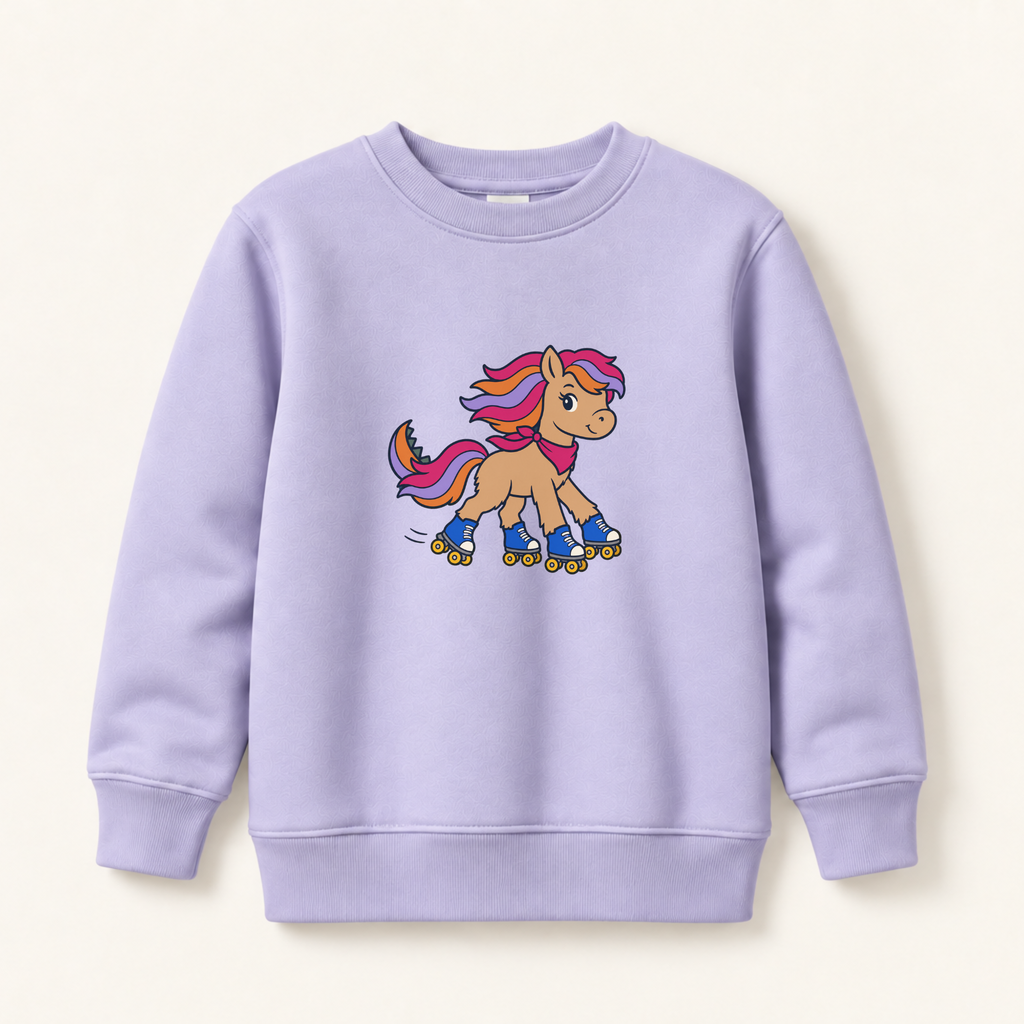 A light lavender crewneck sweatshirt featuring a cartoon graphic of a tan pony roller skating on the front, displayed against a warm off-white background.