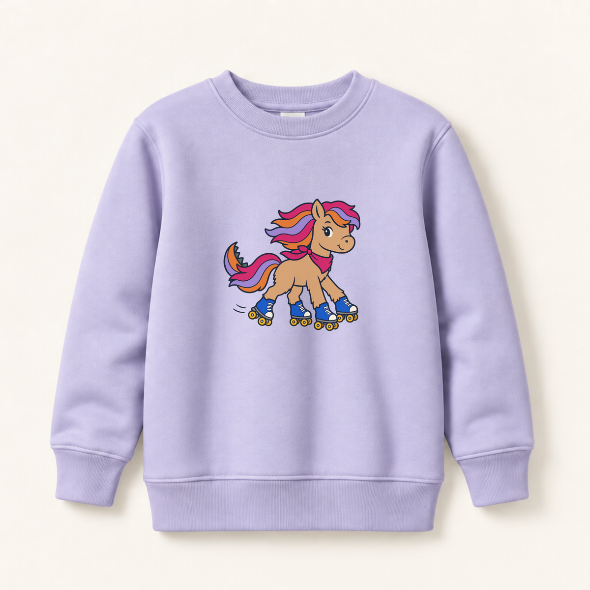 A light lavender crewneck sweatshirt featuring a cartoon graphic of a tan pony roller skating on the front, displayed against a warm off-white background.