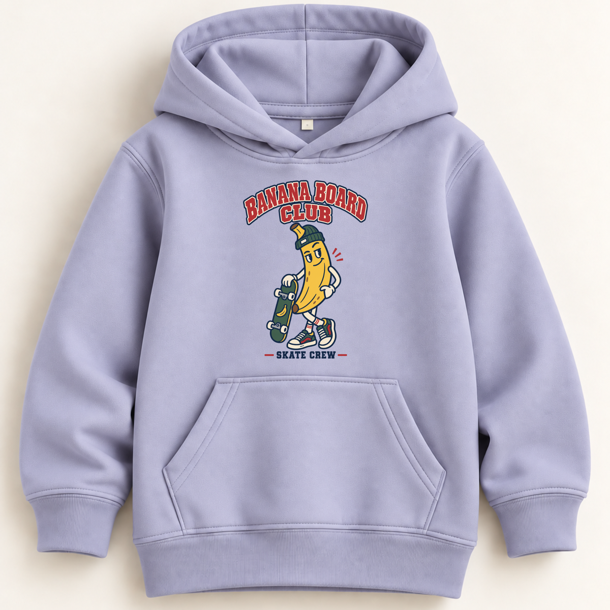 A light lavender hoodie sweatshirt featuring a 'Banana Board Crew' graphic on the chest, displayed against a light beige background.
