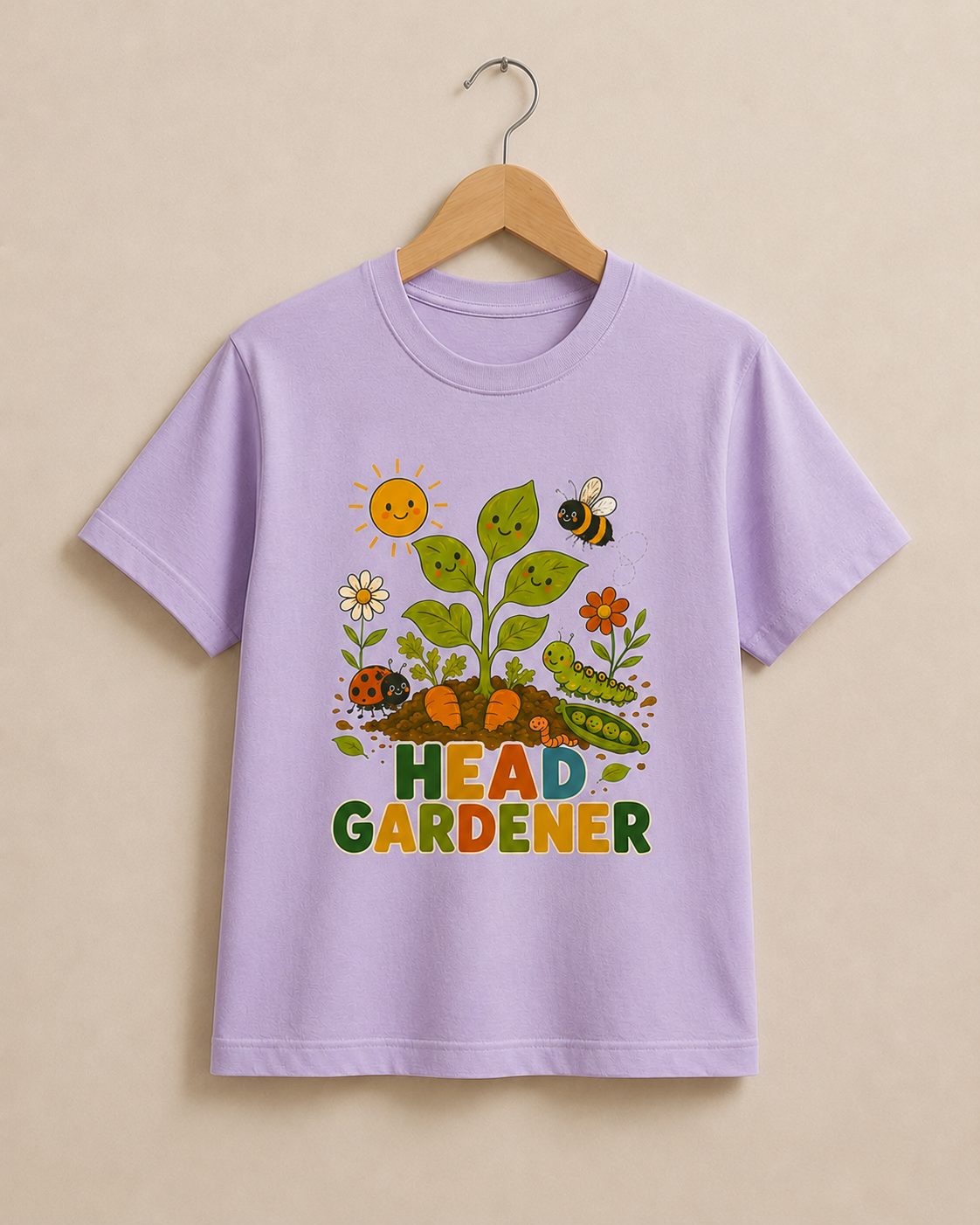 Purple t-shirt with gardening-themed design and 'Head Gardener' text on a beige background