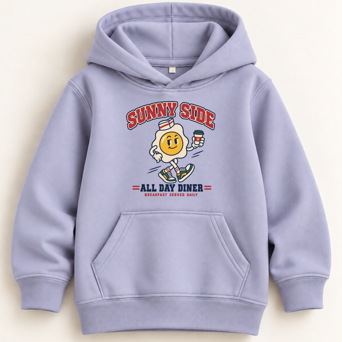 A light lavender hoodie sweatshirt featuring a retro graphic of a smiling egg character at 'Sunny Side All Day Diner' on the chest, displayed against a light beige background.