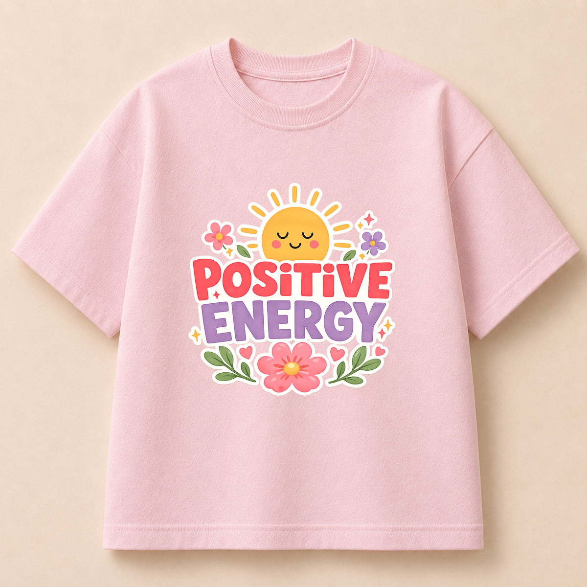 A light pink short-sleeve t-shirt with a colorful graphic on the front featuring a smiling sun, flowers, and the text 'POSITIVE ENERGY' in red and purple lettering, displayed against a solid beige background.