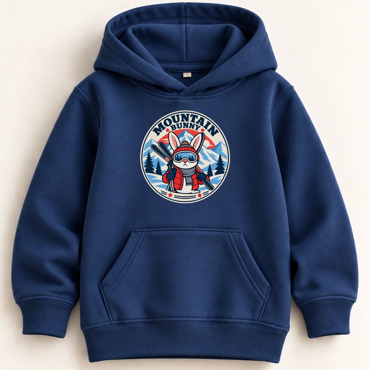 A navy blue pullover hoodie with a front kangaroo pocket and a circular chest graphic showing a cartoon skier in a winter hat with the text 'MOUNTAIN bunny.